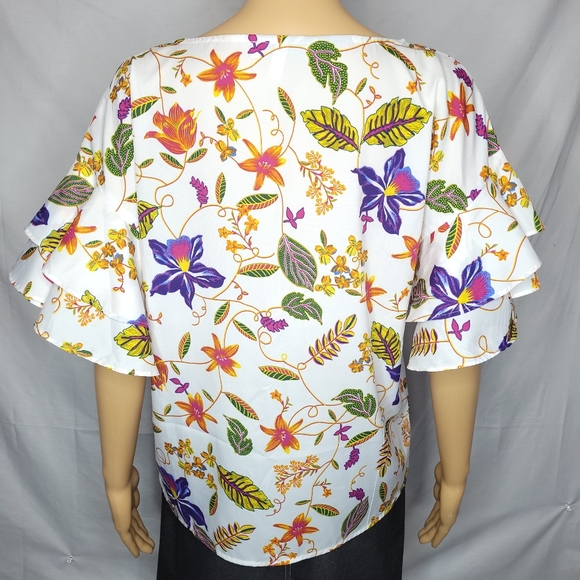 HARLOW & ROSE WHITE FLORAL PRINT RUFFLE SLEEVE BLOUSE EUC SMALL - Picture 5 of 8